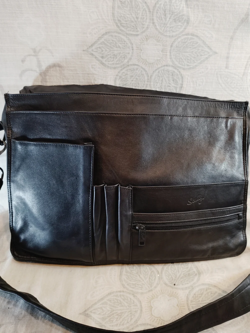 Scully Black Leather Messenger/Briefcase Crossbody Bag